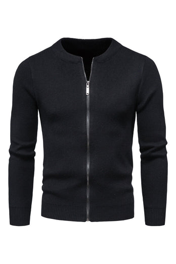 Black Round Neck Men's Zippered Knitted Sweater