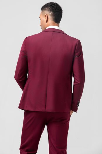 One Button Peak Lapel Burgundy 3 Pieces Men's Suits