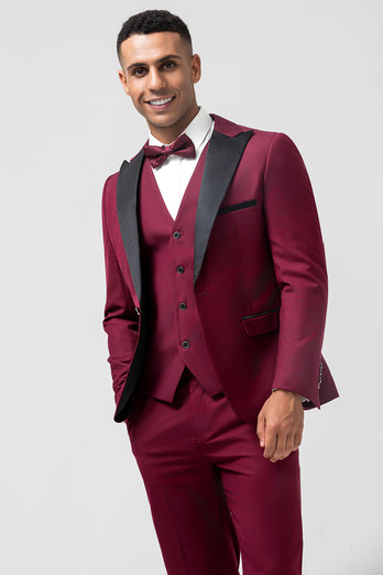 One Button Peak Lapel Burgundy 3 Pieces Men's Suits