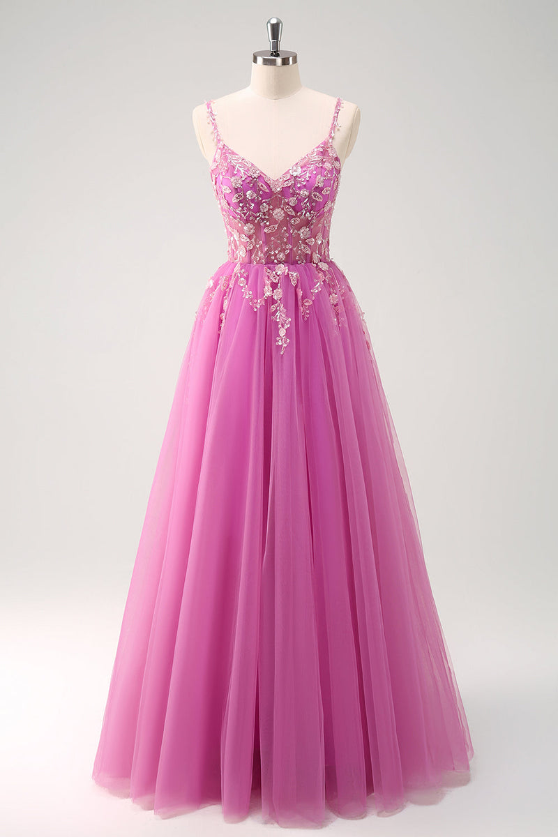 Load image into Gallery viewer, Sparkly Purple A-Line Appliqued Long Prom Dress with Slit