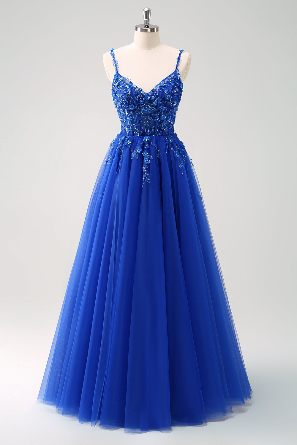 Sparkly A-Line Royal Blue Spaghetti Straps Corset Long Prom Dress