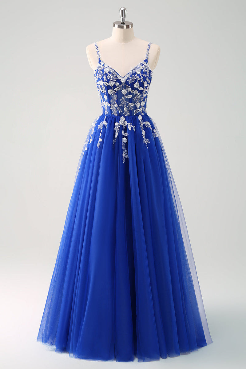 Load image into Gallery viewer, Sparkly A-Line Royal Blue Spaghetti Straps Corset Long Prom Dress