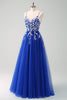 Load image into Gallery viewer, Sparkly A-Line Royal Blue Spaghetti Straps Corset Long Prom Dress