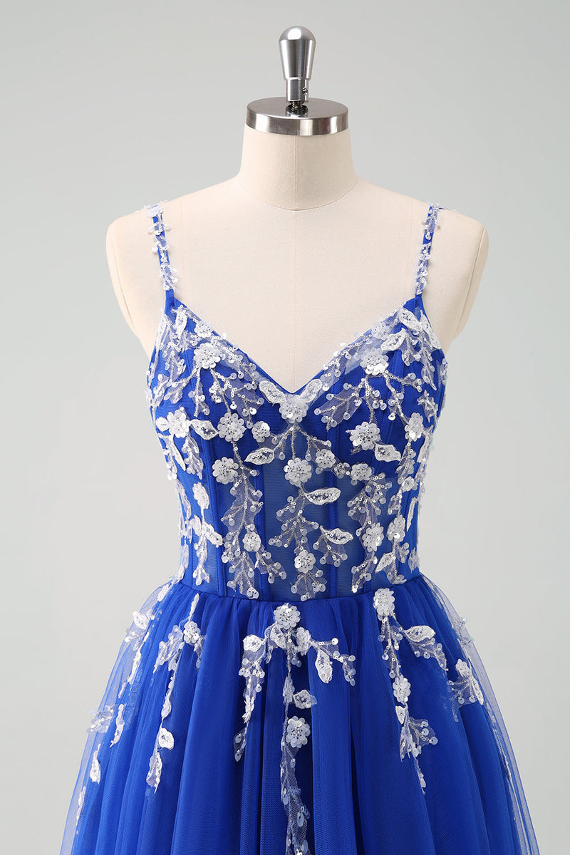 Load image into Gallery viewer, Sparkly A-Line Royal Blue Spaghetti Straps Corset Long Prom Dress