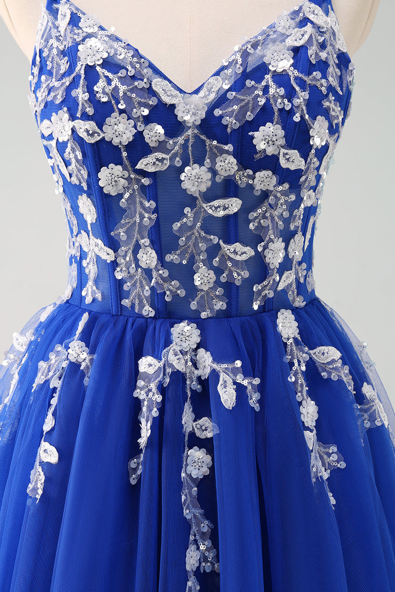 Load image into Gallery viewer, Sparkly A-Line Royal Blue Spaghetti Straps Corset Long Prom Dress