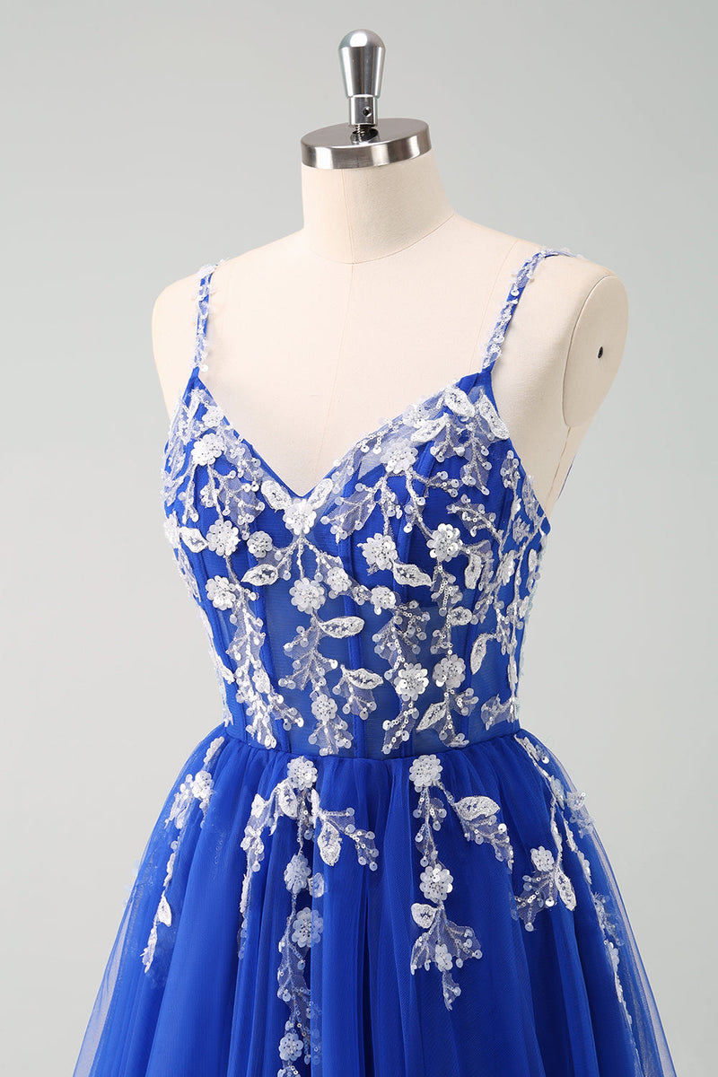 Load image into Gallery viewer, Sparkly A-Line Royal Blue Spaghetti Straps Corset Long Prom Dress