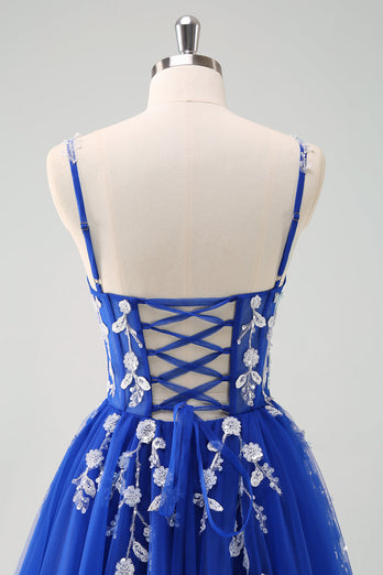 Sparkly A-Line Royal Blue Spaghetti Straps Corset Long Prom Dress