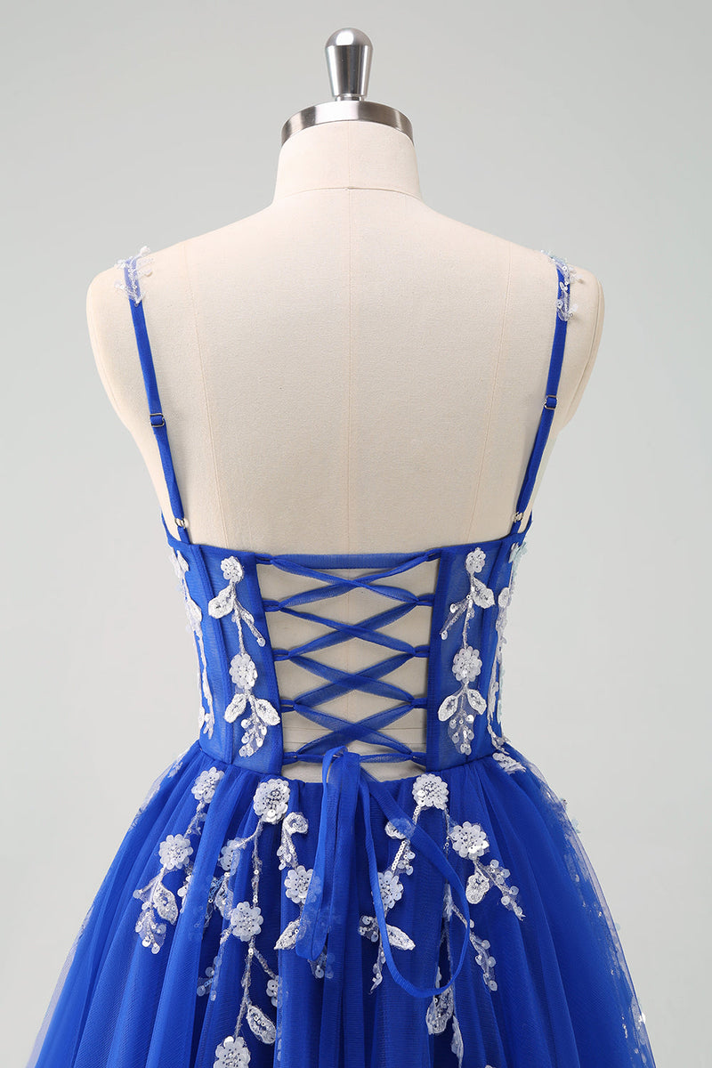 Load image into Gallery viewer, Sparkly A-Line Royal Blue Spaghetti Straps Corset Long Prom Dress