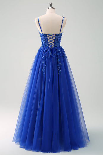 Sparkly A-Line Royal Blue Spaghetti Straps Corset Long Prom Dress