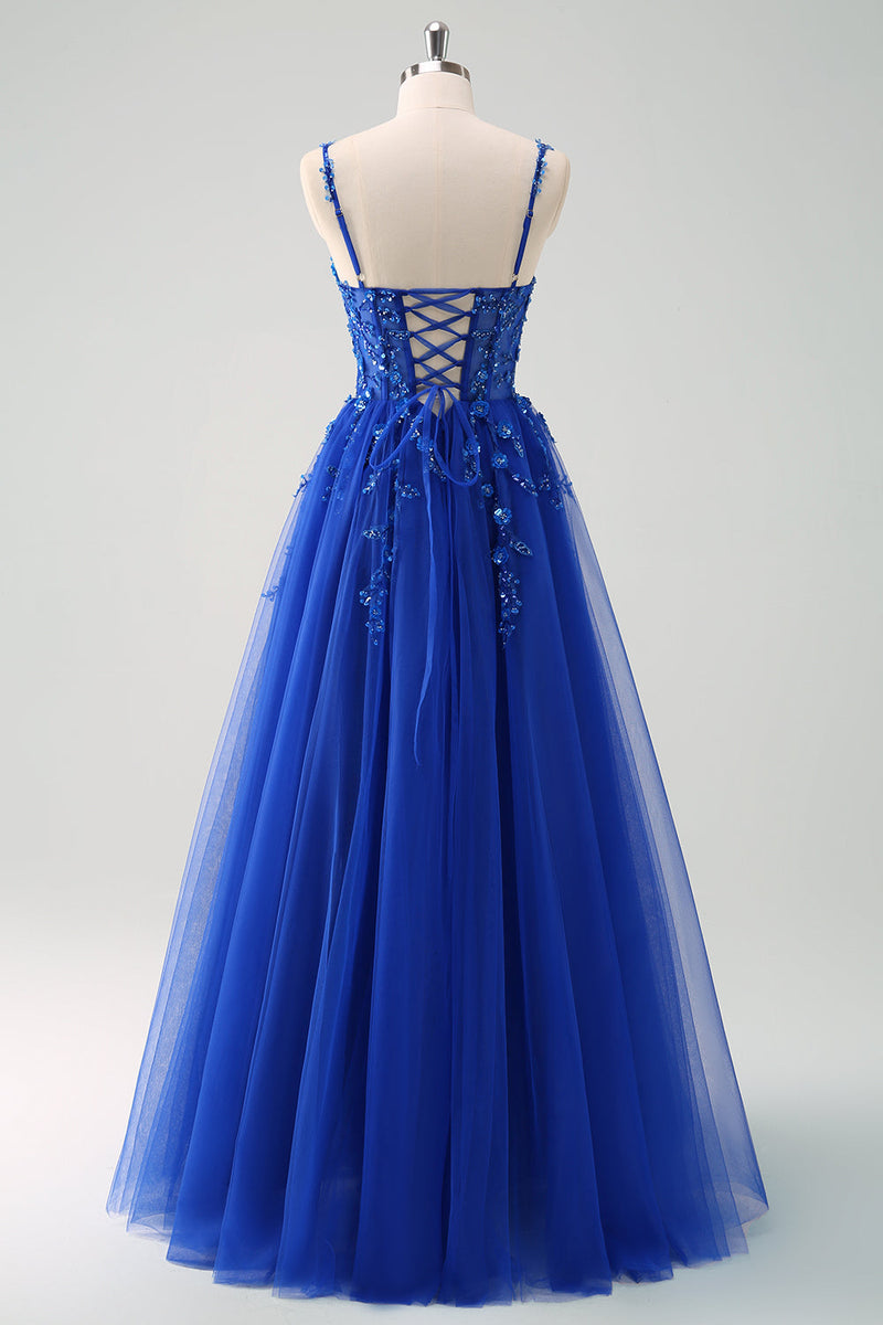 Load image into Gallery viewer, Sparkly A-Line Royal Blue Spaghetti Straps Corset Long Prom Dress