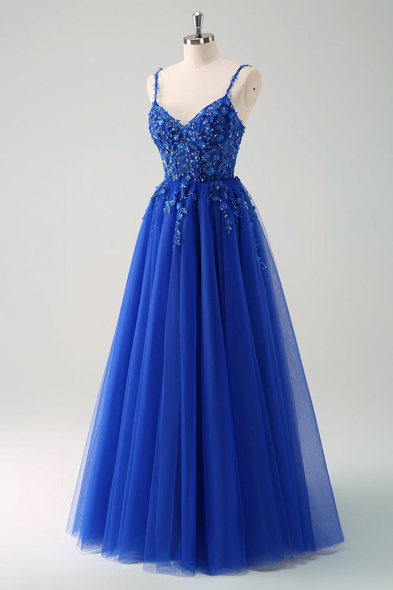 Load image into Gallery viewer, Sparkly A-Line Royal Blue Spaghetti Straps Corset Long Prom Dress