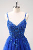 Load image into Gallery viewer, Sparkly A-Line Royal Blue Spaghetti Straps Corset Long Prom Dress