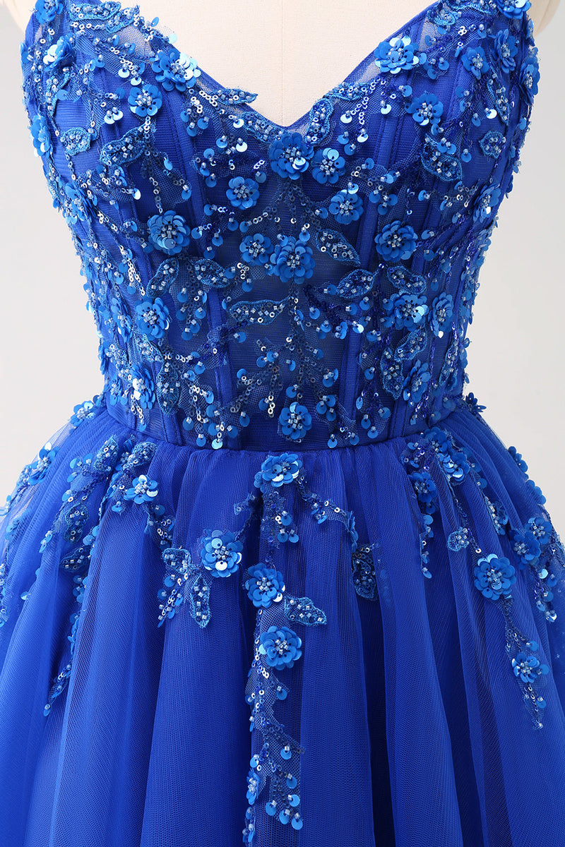 Load image into Gallery viewer, Sparkly A-Line Royal Blue Spaghetti Straps Corset Long Prom Dress