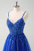 Load image into Gallery viewer, Sparkly A-Line Royal Blue Spaghetti Straps Corset Long Prom Dress