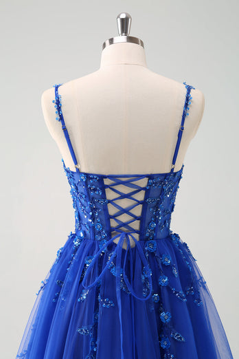 Sparkly A-Line Royal Blue Spaghetti Straps Corset Long Prom Dress