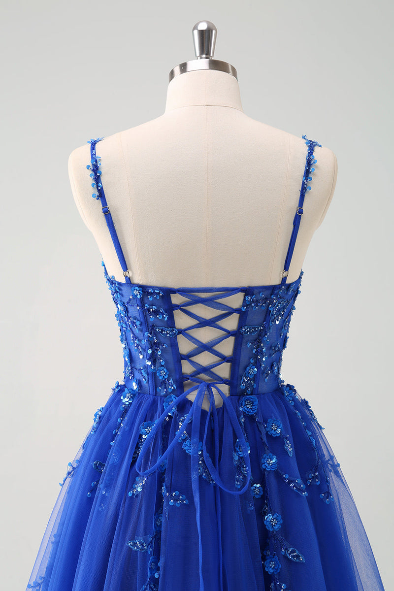 Load image into Gallery viewer, Sparkly A-Line Royal Blue Spaghetti Straps Corset Long Prom Dress