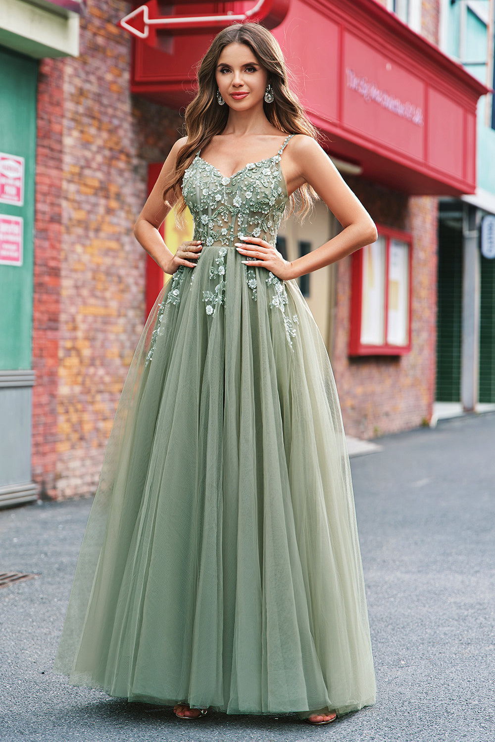 Green A Line Corset Sequin Tulle Long Prom Dress with Lace Up Back