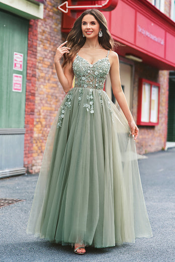 Green A Line Corset Sequin Tulle Long Prom Dress with Lace Up Back