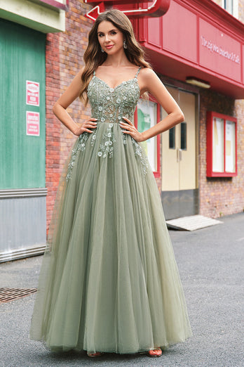 Green A Line Corset Sequin Tulle Long Prom Dress with Lace Up Back