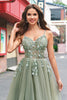 Load image into Gallery viewer, Green A Line Corset Sequin Tulle Long Prom Dress with Lace Up Back