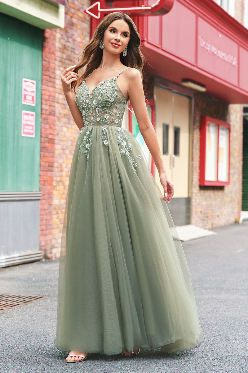 Load image into Gallery viewer, Green A Line Corset Sequin Tulle Long Prom Dress with Lace Up Back