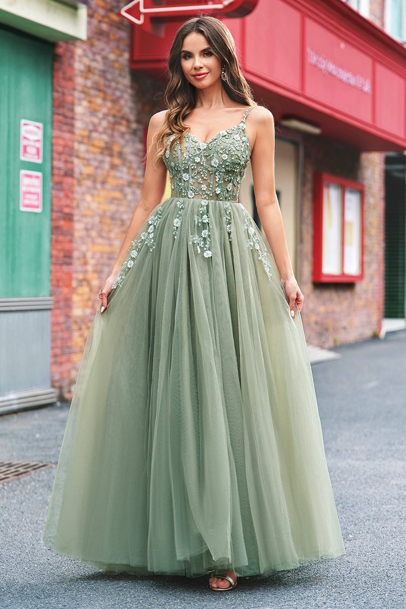 Load image into Gallery viewer, Green A Line Corset Sequin Tulle Long Prom Dress with Lace Up Back