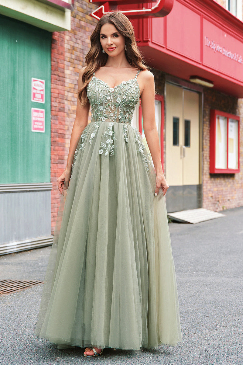 Load image into Gallery viewer, Green A Line Corset Sequin Tulle Long Prom Dress with Lace Up Back