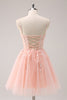 Load image into Gallery viewer, A Line Blush Spaghetti Straps Tulle Corset Sequins Graduation Dress with Appliques