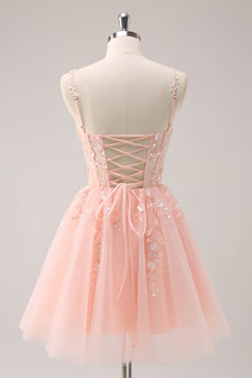 A Line Blush Spaghetti Straps Tulle Corset Sequins Graduation Dress with Appliques