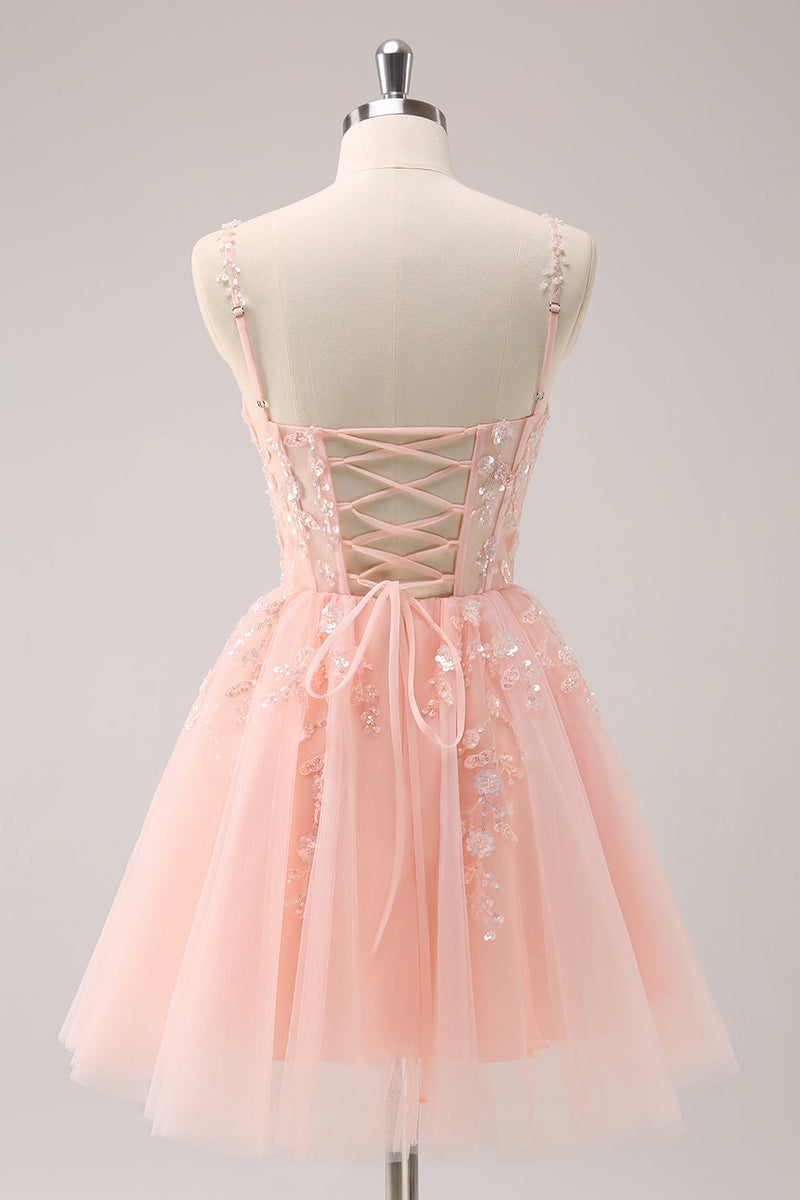 Load image into Gallery viewer, A Line Blush Spaghetti Straps Tulle Corset Sequins Graduation Dress with Appliques