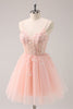 Load image into Gallery viewer, A Line Blush Spaghetti Straps Tulle Corset Sequins Graduation Dress with Appliques