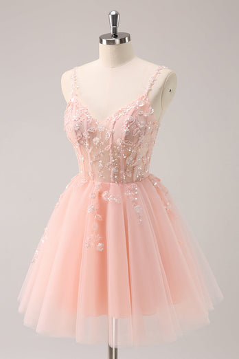 A Line Blush Spaghetti Straps Tulle Corset Sequins Graduation Dress with Appliques