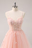 Load image into Gallery viewer, A Line Blush Spaghetti Straps Tulle Corset Sequins Graduation Dress with Appliques