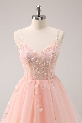 A Line Blush Spaghetti Straps Tulle Corset Sequins Graduation Dress with Appliques