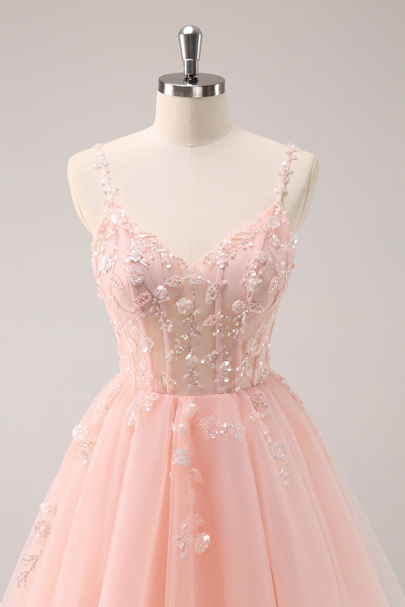 Load image into Gallery viewer, A Line Blush Spaghetti Straps Tulle Corset Sequins Graduation Dress with Appliques