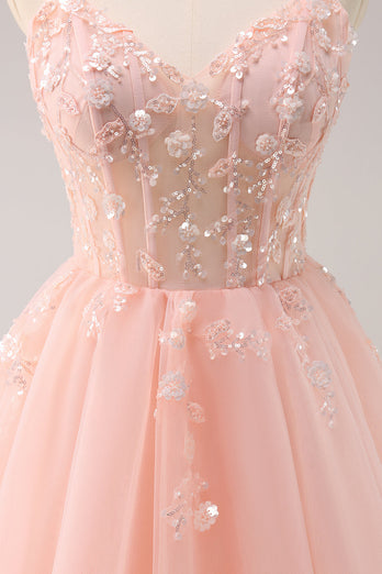 A Line Blush Spaghetti Straps Tulle Corset Sequins Graduation Dress with Appliques