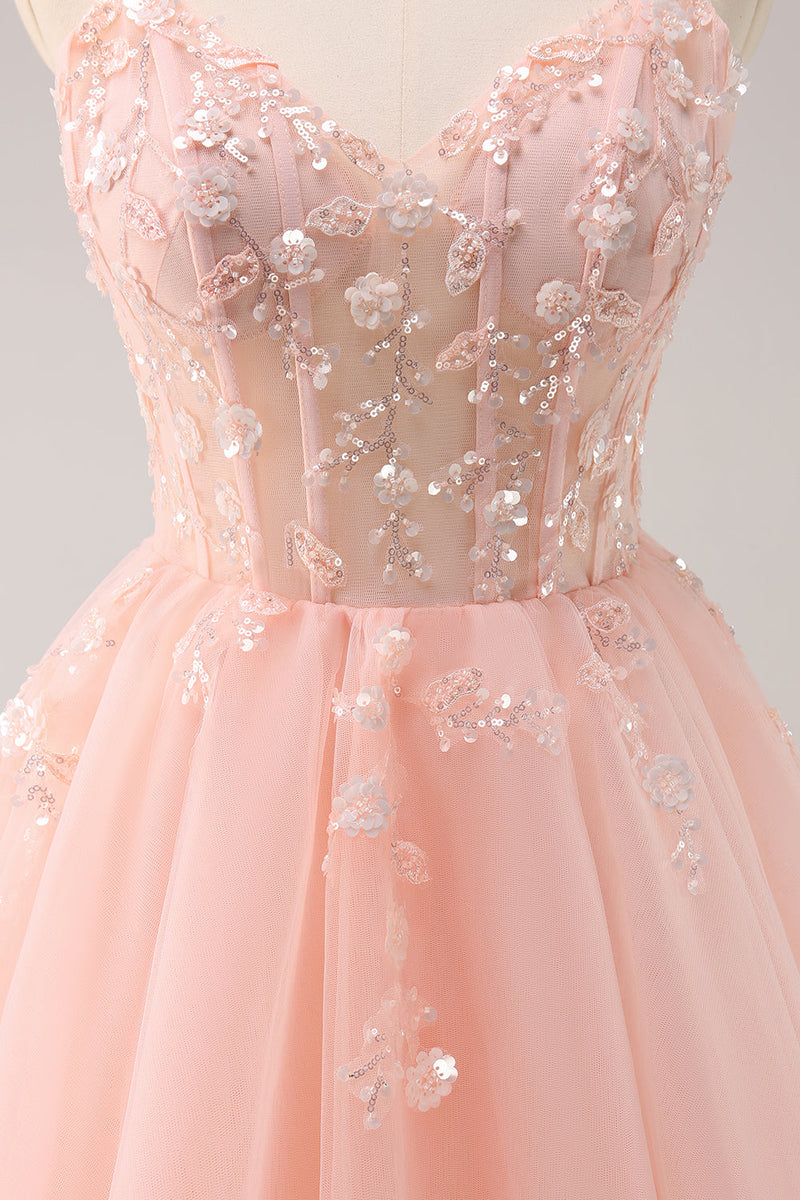 Load image into Gallery viewer, A Line Blush Spaghetti Straps Tulle Corset Sequins Graduation Dress with Appliques