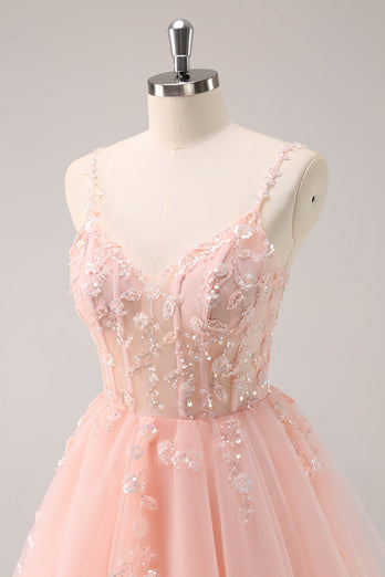 A Line Blush Spaghetti Straps Tulle Corset Sequins Graduation Dress with Appliques