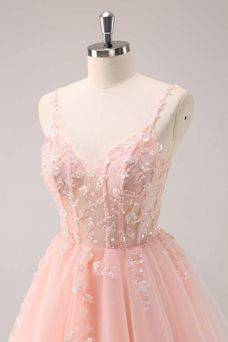 Load image into Gallery viewer, A Line Blush Spaghetti Straps Tulle Corset Sequins Graduation Dress with Appliques