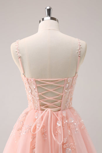 A Line Blush Spaghetti Straps Tulle Corset Sequins Graduation Dress with Appliques