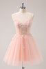 Load image into Gallery viewer, A Line Blush Spaghetti Straps Tulle Corset Sequins Graduation Dress with Appliques