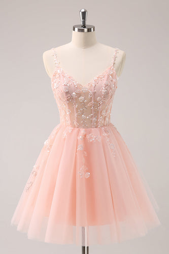 A Line Blush Spaghetti Straps Tulle Corset Sequins Graduation Dress with Appliques