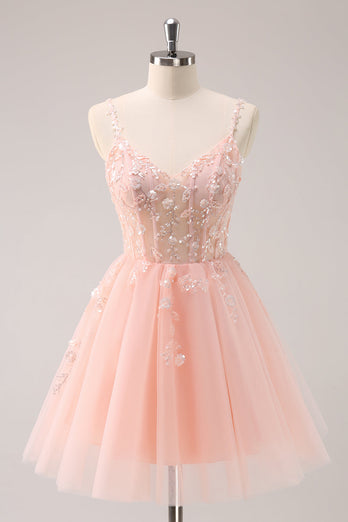 A Line Blush Spaghetti Straps Tulle Corset Sequins Graduation Dress with Appliques