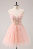 A Line Blush Spaghetti Straps Tulle Corset Sequins Graduation Dress with Appliques