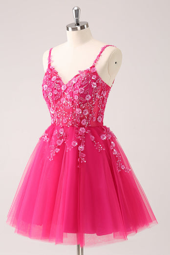 A Line Blush Spaghetti Straps Tulle Corset Sequins Graduation Dress with Appliques