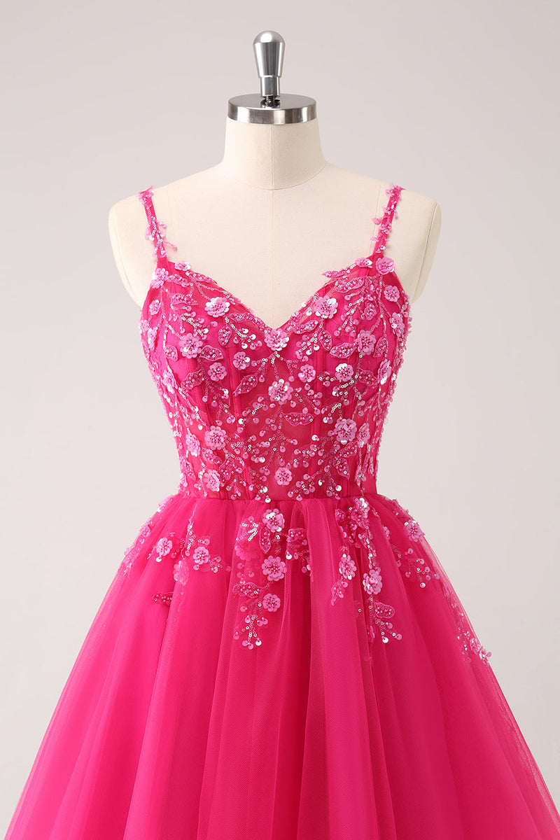 Load image into Gallery viewer, A Line Blush Spaghetti Straps Tulle Corset Sequins Graduation Dress with Appliques