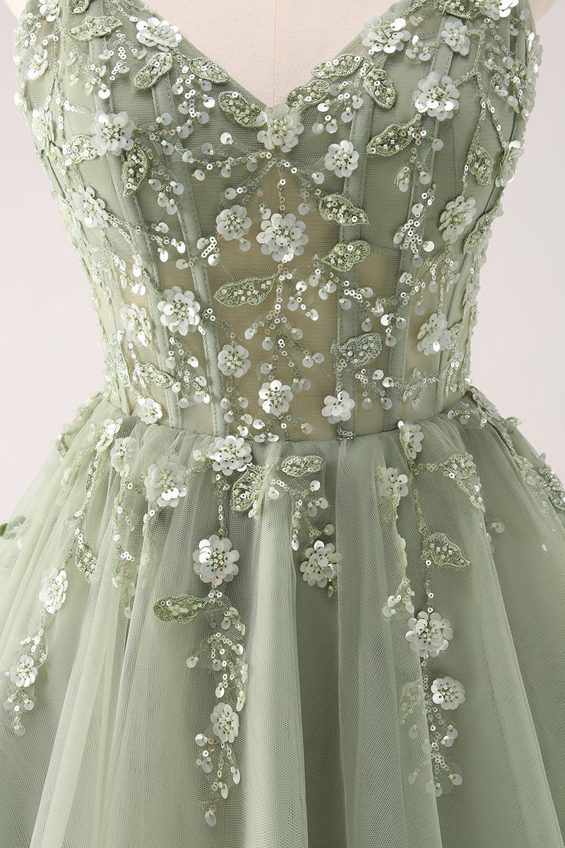 Load image into Gallery viewer, A Line Blush Spaghetti Straps Tulle Corset Sequins Graduation Dress with Appliques