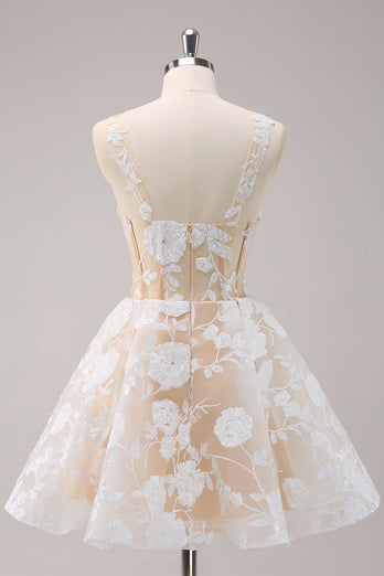 Sparkly White A-Line Floral Corset Short Graduation Dress