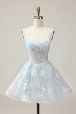 Sparkly Light Blue A Line Spaghetti Straps Corset Graduation Dress