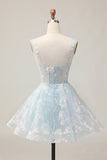 Sparkly Light Blue A Line Spaghetti Straps Corset Graduation Dress